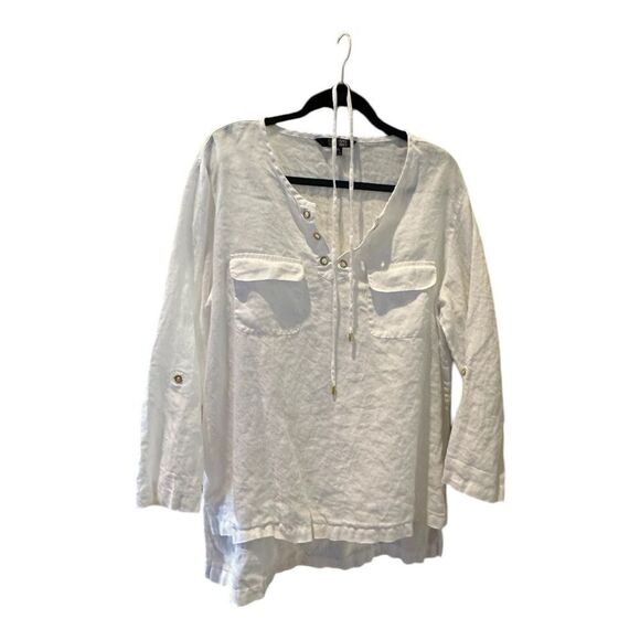 Ellen Tracy Company lace up front Chalk White Linen tunic SHIRT - Picture 7 of 12